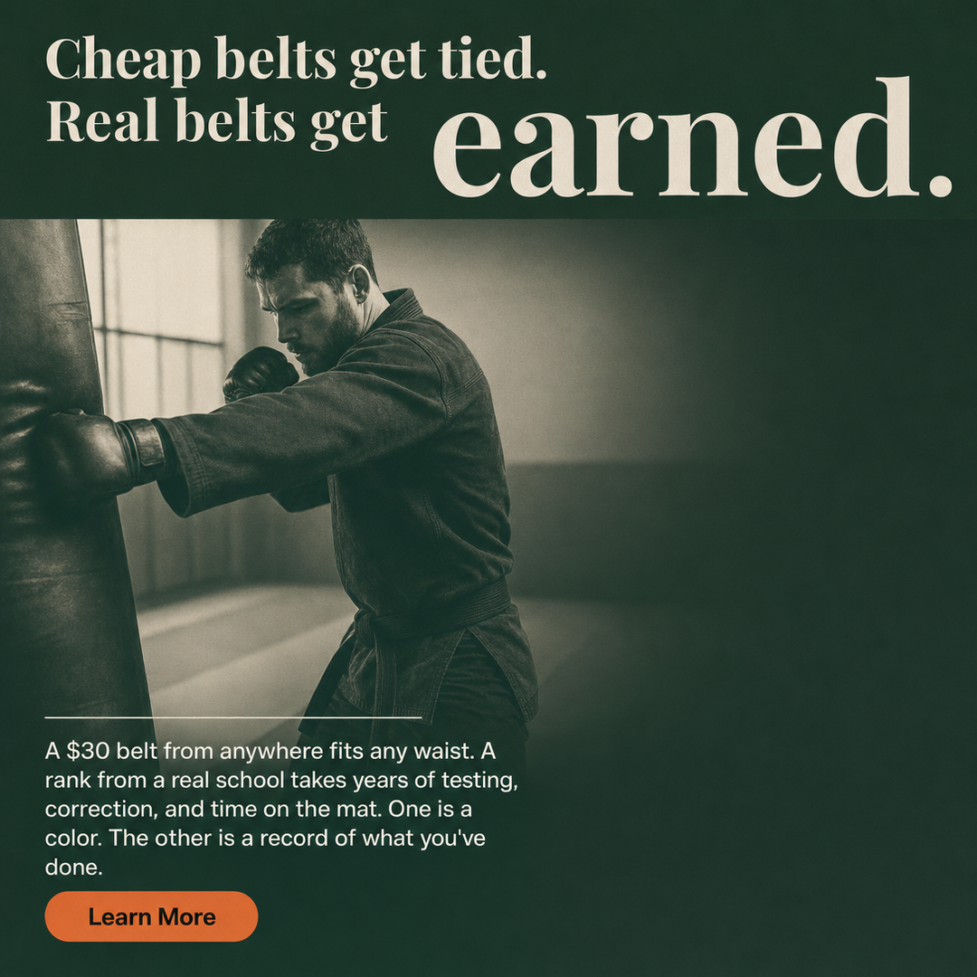 Martial Arts social media post example generated with Draftovo — Cheap belts get tied. Real belts get earned.