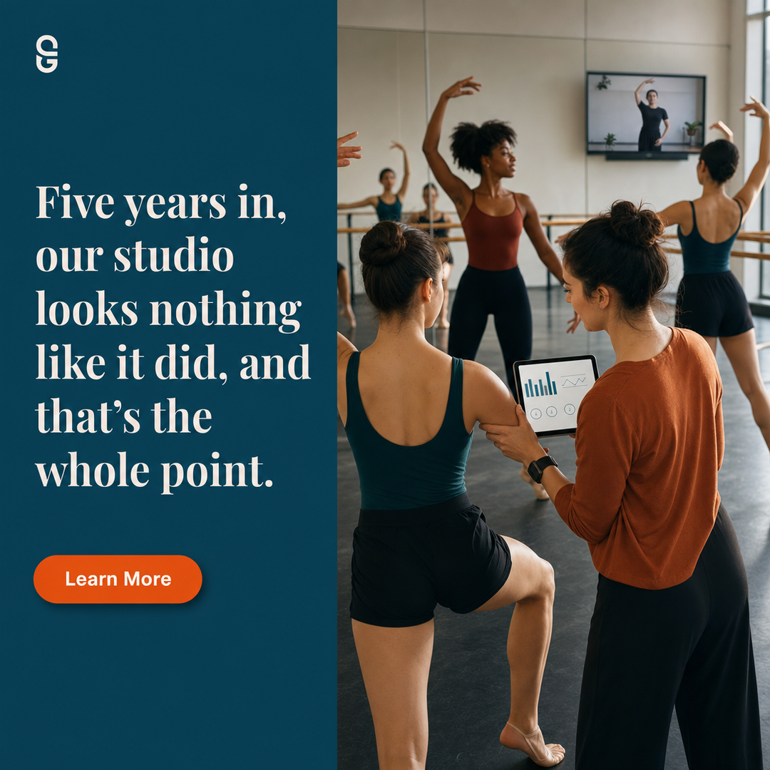 Dance Studio social media post example generated with Draftovo — Five years in, our studio looks nothing like it did, and that's the whole point.